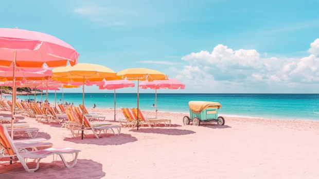 A pink beach with a cute vintage vibe for desktop.