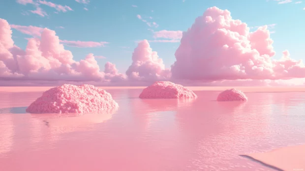 A pink beach with a floating islands, pink clouds, and a pink sky.