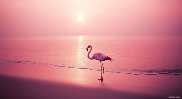 A pink beach with a pink flamingo standing on the sand.