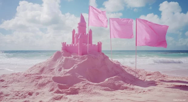 A pink beach with a pink sandcastle on the sand.