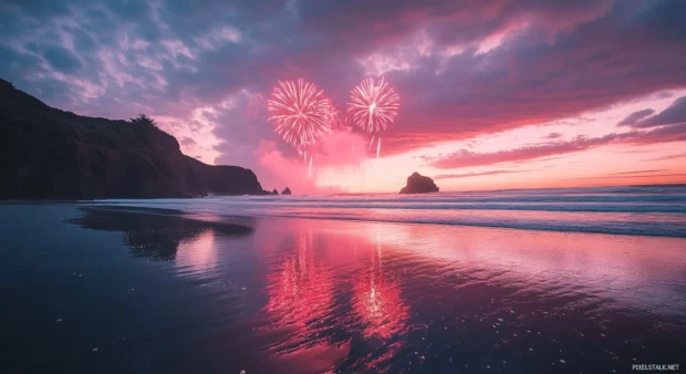 A pink beach with a pink sunset and pink fireworks exploding in the sky wallpaper .