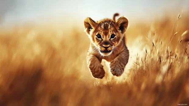 A playful lion cub running through a field of tall grass, ears perked up, full of youthful energy and excitement.