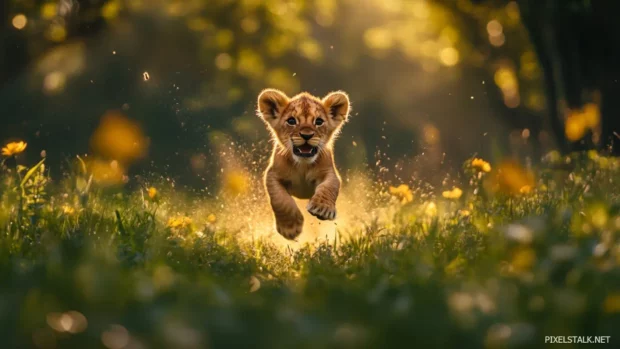 A playful lion cub running through a field of tall grass, ears perked up, full of youthful energy and excitement.