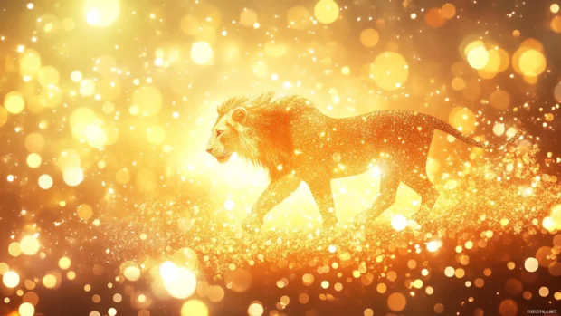 A powerful lion walking through a glowing golden savanna, a sense of destiny in its every step, preparing for its future as king.