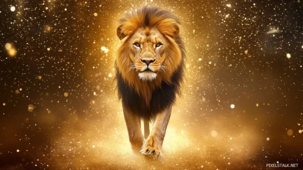 A powerful lion walking through a glowing golden savanna, a sense of destiny in its every step, preparing for its future as king.