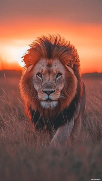 A powerful lion with piercing eyes standing under a blood red sunset, wind blowing through its thick mane .