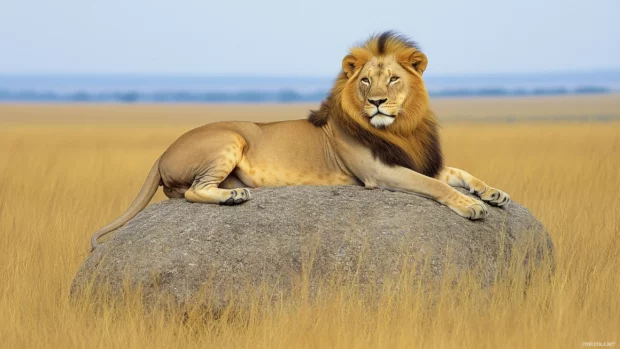 A powerful male lion resting majestically on a sunlit rock.