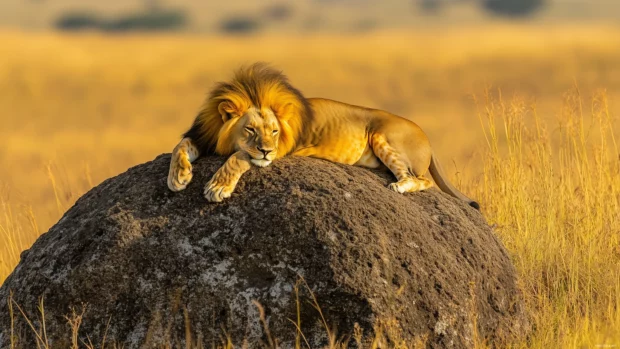 A powerful male lion resting majestically on a sunlit rock, with golden grasslands stretching into the horizon.