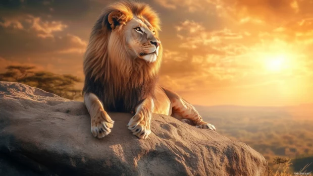 A powerful male lion resting majestically on a sunlit rock, with golden grasslands stretching into the horizon, capturing the essence of the African savanna.