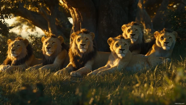 A pride of lions lounging under the shade of a large acacia tree.