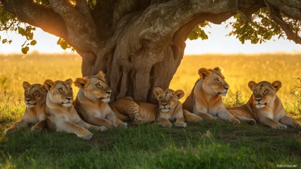 A pride of lions lounging under the shade of a large acacia tree, surrounded by lush greenery and the warm glow of the setting sun.