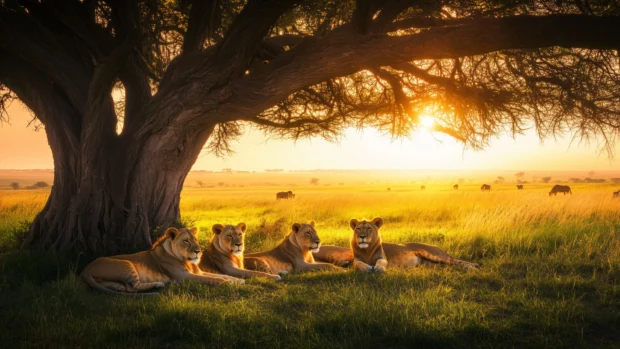 A pride of lions lounging under the shade of a large acacia tree, surrounded by lush greenery and the warm glow of the setting sun, creating a serene atmosphere.