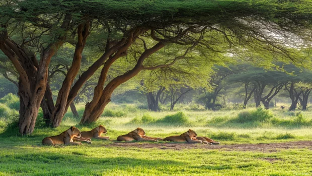 A pride of lions lounging under the shade of a large acacia tree, surrounded by lush greenery and the warm glow of the setting sun, creating a serene atmosphere.