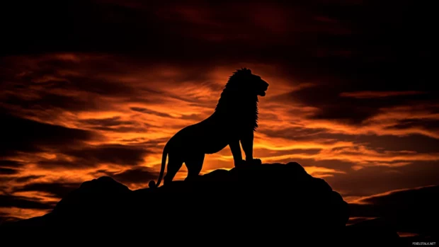 A proud lion king standing at sunrise, a new era beginning under its rule, hope and strength radiating in the air.