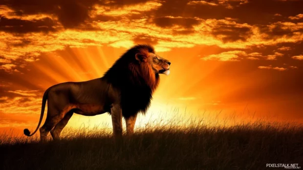 A proud lion king standing at sunrise, a new era beginning under its rule, hope and strength radiating in the air.