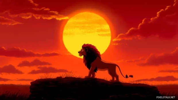 A proud lion king standing at sunrise, a new era beginning under its rule, hope and strength radiating in the air.