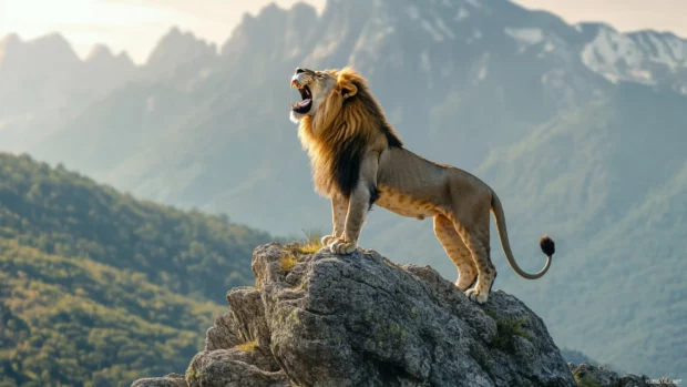 A regal lion roaring at the top of a rocky peak, the entire kingdom stretching below, symbolizing its rise to power.