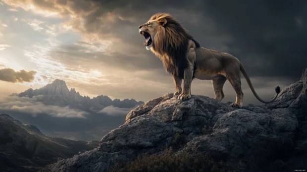 A regal lion roaring at the top of a rocky peak, the entire kingdom stretching below, symbolizing its rise to power.