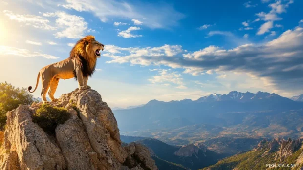 A regal lion roaring at the top of a rocky peak, the entire kingdom stretching below, symbolizing its rise to power.