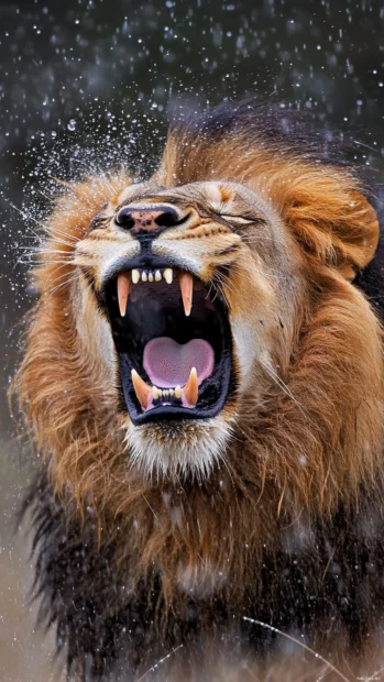 A roaring lion with raindrops falling around it, captured in high speed photography, showcasing raw powe.