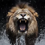 A roaring lion with raindrops falling around it, captured in high speed photography, showcasing raw power.