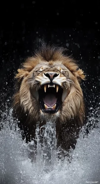 A roaring lion with raindrops falling around it, captured in high speed photography, showcasing raw power.