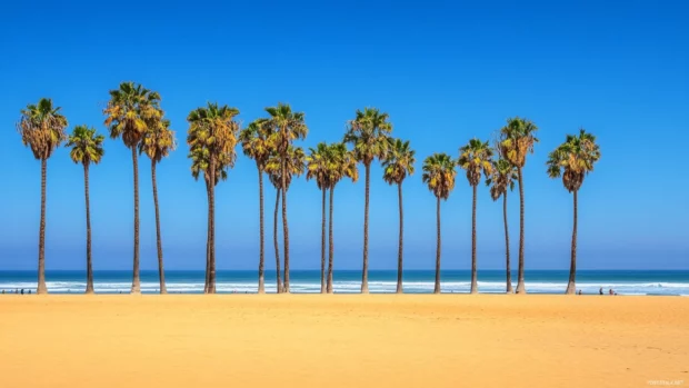 A row of palm trees lining a pristine beach for a beachy wallpaper.