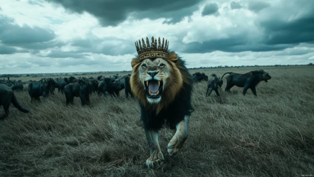 A royal lion wearing a ceremonial tribal crown, surrounded by its loyal pride, exuding leadership and nobilit.