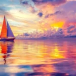 A sailboat sailing into the sunrise PC wallpaper.