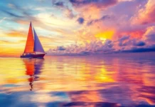 A sailboat sailing into the sunrise PC wallpaper.