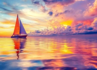 A sailboat sailing into the sunrise PC wallpaper.