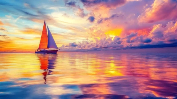 A sailboat sailing into the sunrise PC wallpaper.