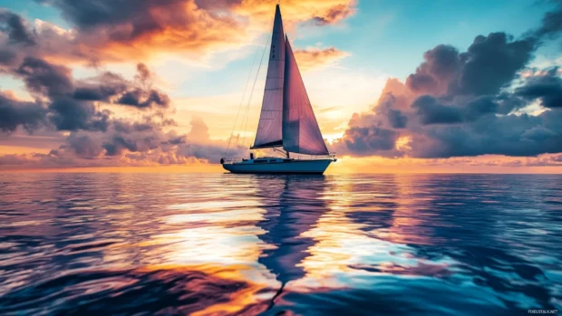 A sailboat sailing into the sunrise desktop beach wallpaper.