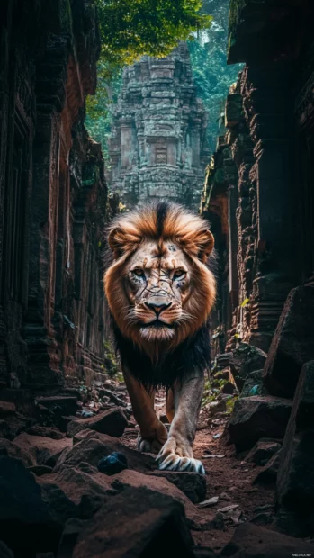 A scarred lion, gaze set, stands amid the rubble of a jungle temple.