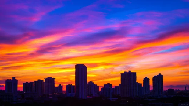 A scene of vibrant sunset over South Beach with Art Deco hotels .