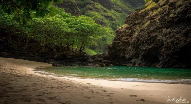 A secluded Hawaii beach cove with clear blue waters HD wallpaper.