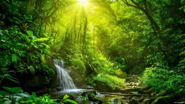 A serene and cool emerald forest with lush green foliage and a peaceful stream.