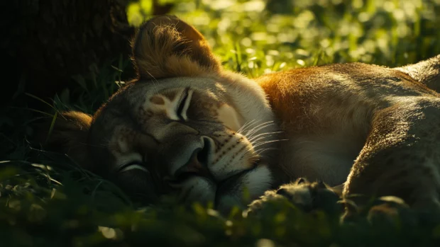 A serene close up of a lion resting in the grass, with sunlight highlighting its fur and soft expression.