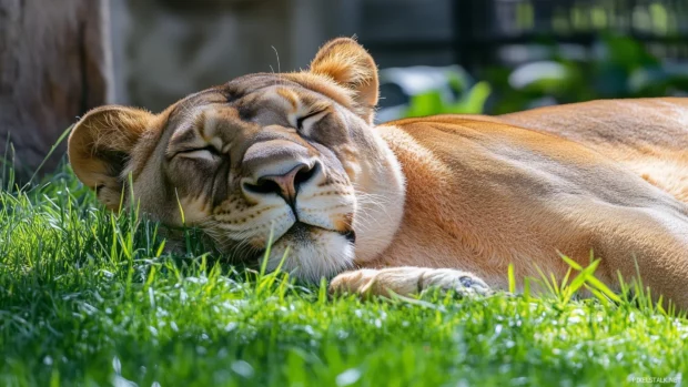 A serene close up of a lion resting in the grass, with sunlight highlighting its fur and soft expression.