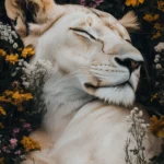 A serene image of a lion resting peacefully in a field of wildflowers.