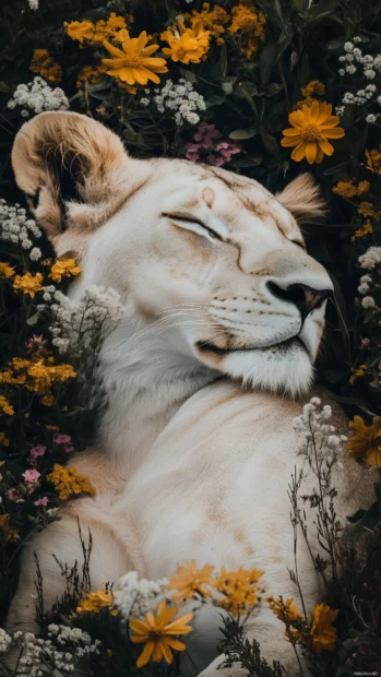 A serene image of a lion resting peacefully in a field of wildflowers.