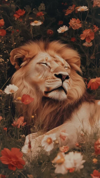 A serene image of a lion resting peacefully in a field of wildflowers, surrounded by nature beauty, capturing the peaceful side of this majestic creature.