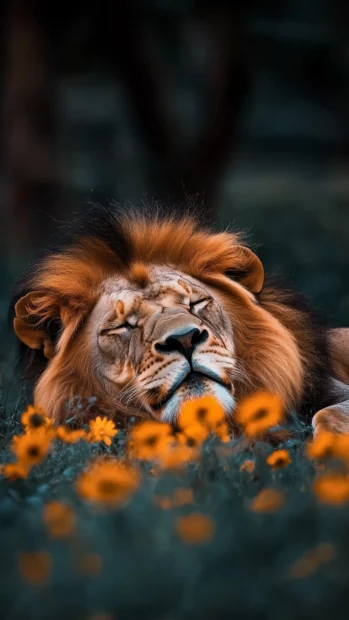 A serene image of a lion resting peacefully in a field of wildflowers, surrounded by nature beauty.