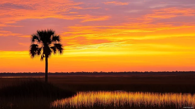 A silhouette of a palm tree against a stunning sunrise sky desktop wallpaper.