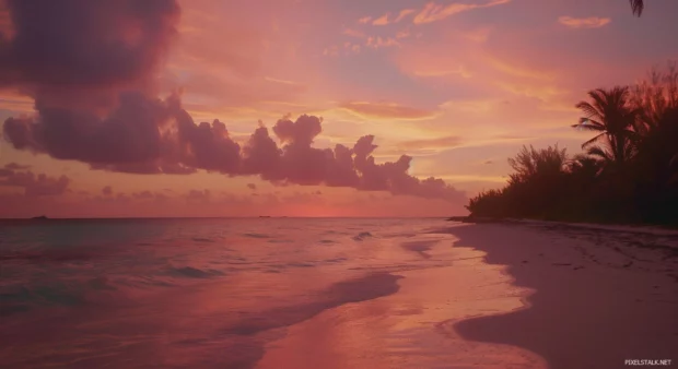 A stunning sunset over Bahamas beach, with the sky ablaze in pink and orange.