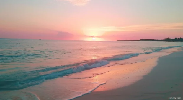 A stunning sunset over a Bahamas beach, with the sky ablaze in pink and orange hues reflecting on the calm ocean 3.