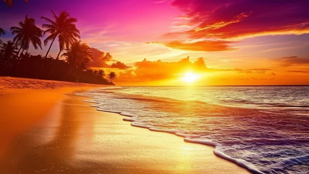 A stunning sunset over a Fiji beach for cute desktop wallpaper.