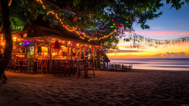 A sunrise beach wallpaper of caffe with colorful lights and decorations.