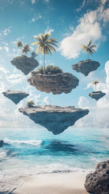 A surreal depiction of a beach with floating islands and palm trees.