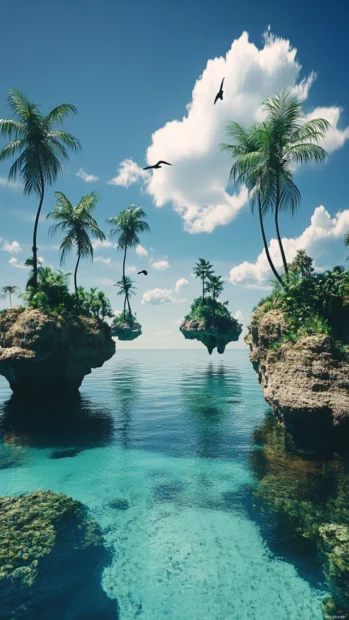 A surreal depiction of a beach with floating islands and palm trees.